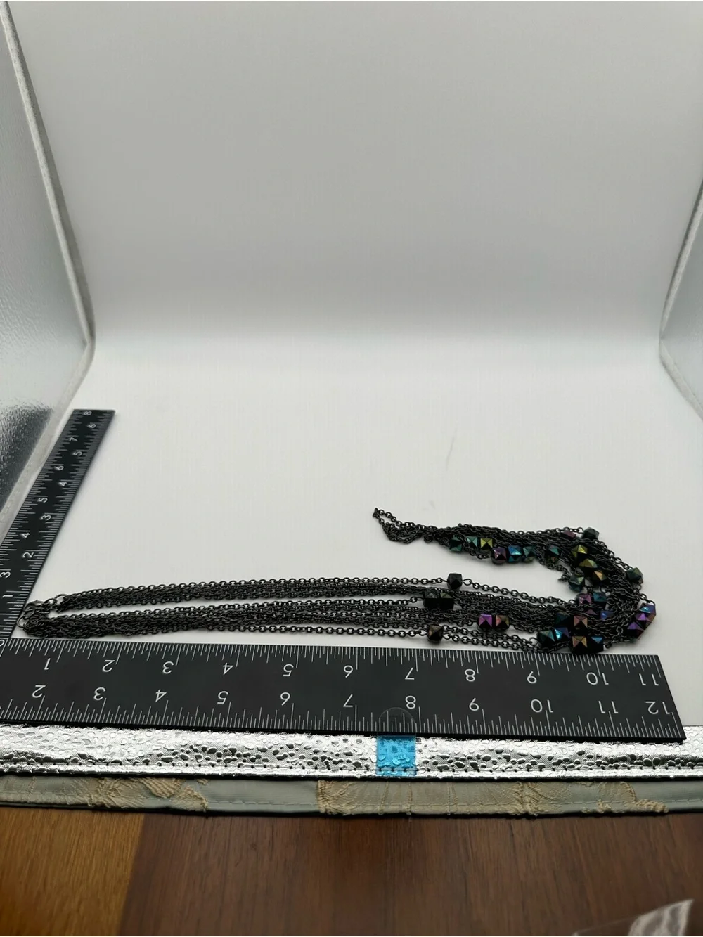 Black Multilayer Iridescent Geometric Bead Statement Necklace